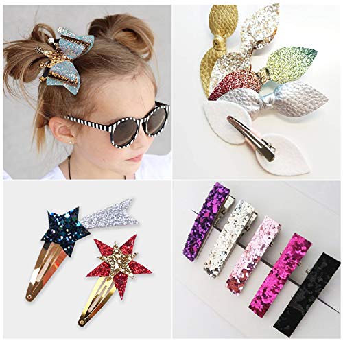 SIMPZIA 25pcs Faux Leather Sheets, 6 Styles Leather Bows Fabric Sheets with 20pcs Alligator Hair Clips, 10pcs Snap Hair Clips, Glue Gun for Bows DIY, Crafts Making