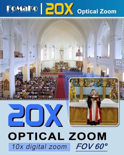 FoMaKo 4K PTZ NDI HX3 20x Optical Zoom AI Automatic Tracking Camera with HDMI/USB3.0/LAN(PoE) for Religious Service, Education, Video Conferencing, Youtube OBS Streaming, NDI License Included (K20UH)