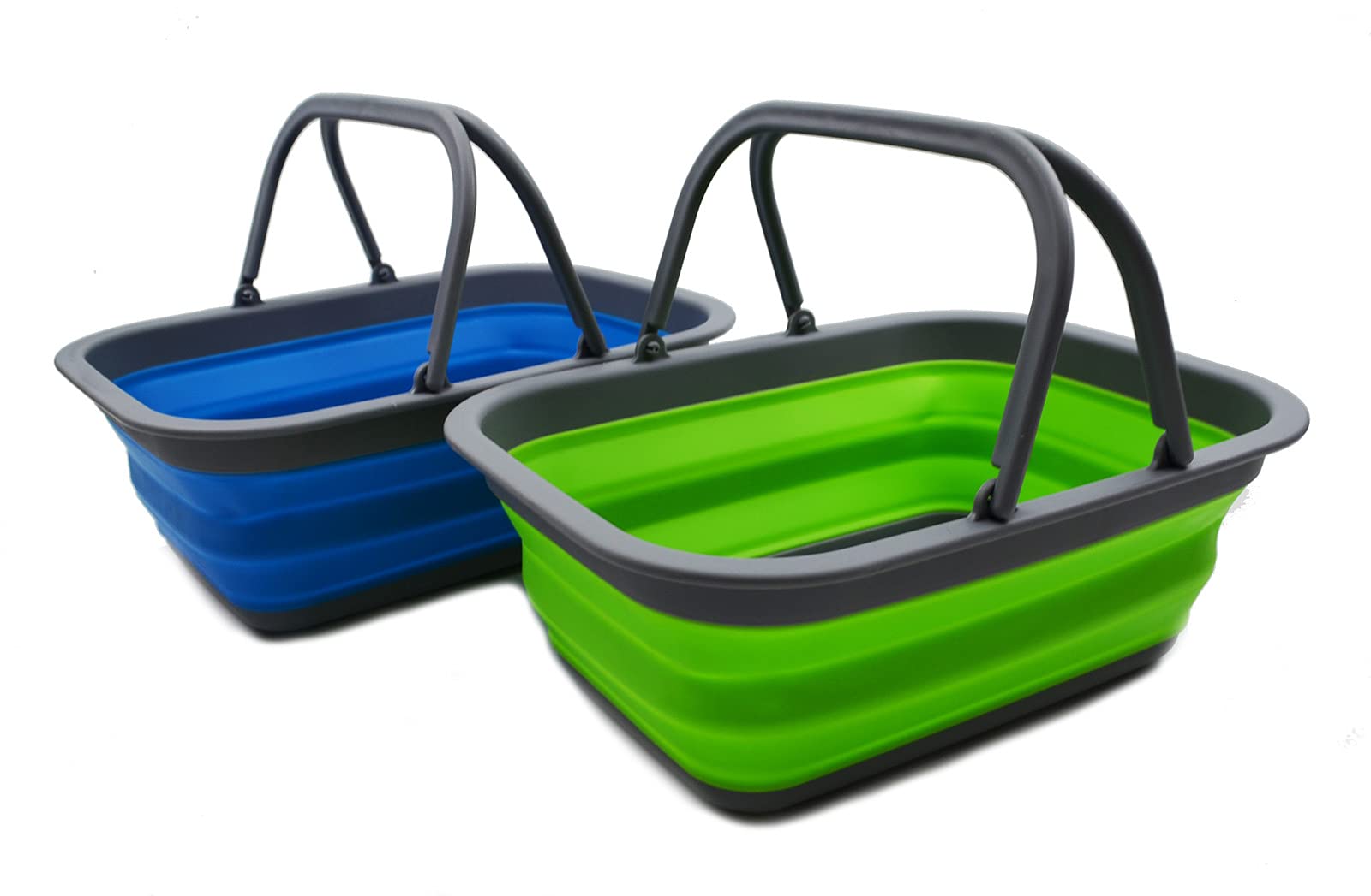 SAMMART 9.2L Collapsible Tub with Handle - Portable Outdoor Picnic Basket/Crater - Foldable Shopping Bag - Space Saving Storage Container (Green & Pink, 2)