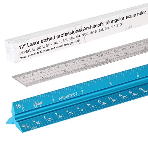 Architectural Scale Ruler, Engineer Drafting, Triangular - American Standard. 6 Sides, 11 Scales. Made of Laser Engraved Anodized Turquoise Aluminum. 12” Long. 100% Accuracy. Bonus Steel Ruler - Thumbnail 6
