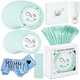 TRENDY BRANDY Baby Shower Party Supplies for Boy Horse Theme Party with Tableware Plates, Cups, Napkins, Cutlery Plus Blue Satin Mommy To Be Sash It's a Boy Gender Reveal Decoration Gifts, Serves 12