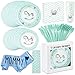 TRENDY BRANDY Baby Shower Party Supplies for Boy Horse Theme Party with Tableware Plates, Cups, Napkins, Cutlery Plus Blue Satin Mommy To Be Sash It's a Boy Gender Reveal Decoration Gifts, Serves 12