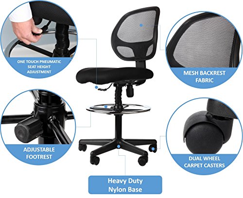 Sleekform Drafting Chair | Adjustable Stool with Wheels for Tables & Standing Desks | Reclining Backrest with Lumbar Support | Reinfored Footrest with Height Control | Breathable Mesh Back & Seat