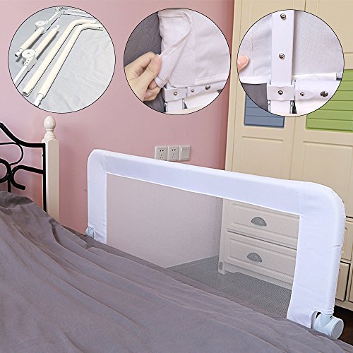 KOOLDOO 59" Fold Down Toddlers Safety Bed Rail Children Bed Guard with NBR Foam Include 1Pc Seat Belt (White)