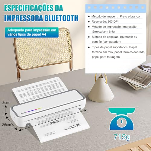 Impressora Térmica Portátil A4, Impressora Térmica Portátil com 20 Folhas Papel com Bluetooth, Compatível com Android, iOS e Laptop