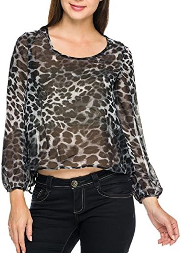 Simply Savvy Co Leopard Animal Print Sheer Mesh Blouse Long Sleeve Top (Small)