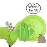 Tiger Chef Lime Green Party Supplies Set for 50, Includes Plastic Party Plates, Plastic Cups, Napkins, Disposable Cutlery, Table cover, Straws, and Garbage Bag  Complete Party Pack