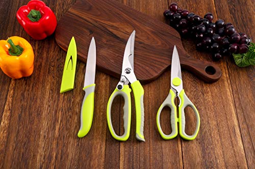 Kitchen Scissors 3-Piece Set WELLSTAR, Spring Loaded Poultry Shears, Heavy Duty Multipurpose Chicken Scissors, Ultra Sharp Utility Knife with Safety Blade Cover, Stainless Steel Kitchen Shears Set