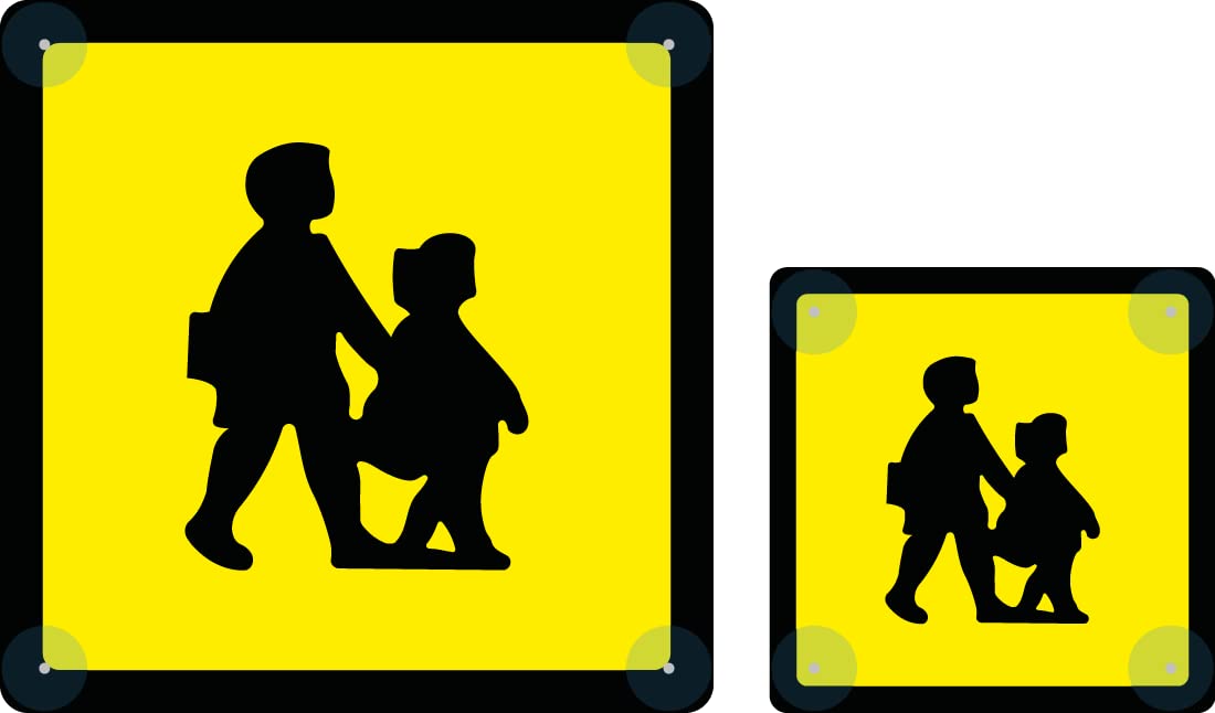 Pack of 1 front (250mm x 250mm) and 1 rear (400mm x 400mm) reflective, fully compliant UK school bus signs with high strength sucker pads