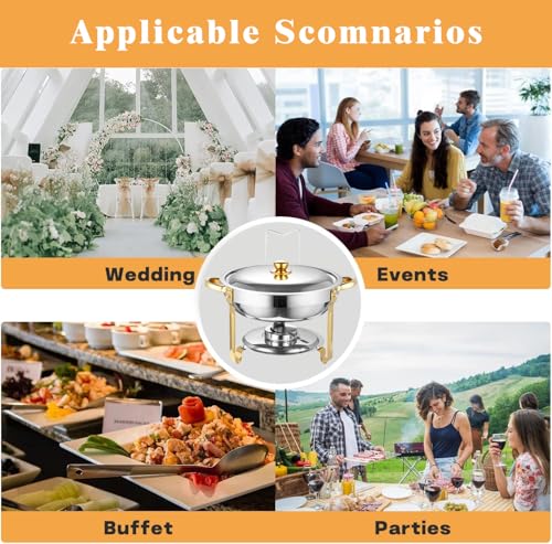 AUUCFW Chafing Dish Buffet Set, 4.5 Liter, Stainless Steel Buffet Set, Round Catering Warmer with Lid Water Tray Holder Fuel Rack Lid Shelf Spoon for Any Party(4 Pcs)