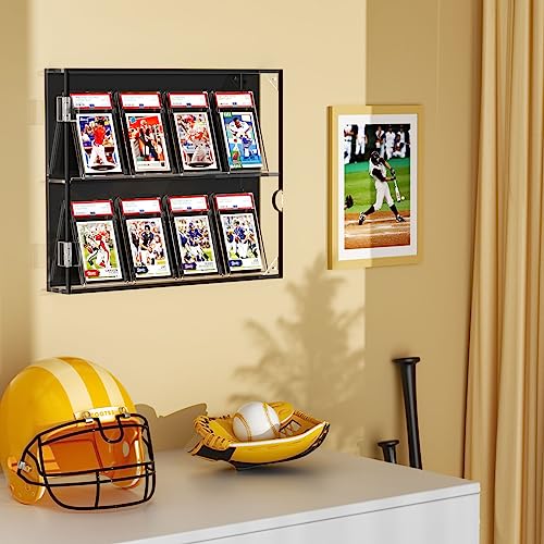 NIUBEE Acrylic Baseball Card Display Case, 8 Graded Card Display Frame Wall Mount with UV Protection Clear View, Sports Card Display Case with Magnetic Door for Football Basketball Hockey, Horizontal