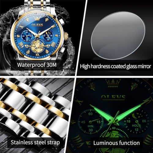 OLEVS Men Silver Watches,Men's Stainless Steel Chronograph Watch,Man Analog Quartz Big Face Male Watches Luxury Waterproof Roman Numeral Dress Diamond Relojes para Hombre