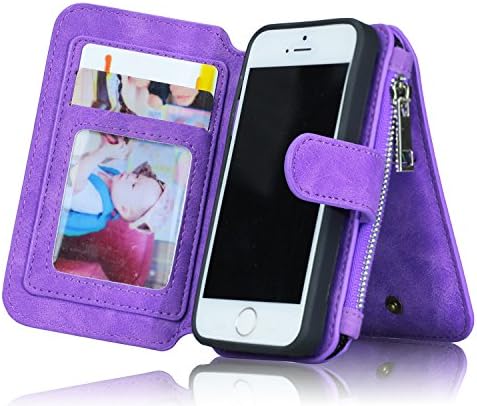 For iPhone 5/5s 5se Wallet Case, MEGSHI Premium Zipper Wallet Leather Detachable Magnetic Case Purse Clutch Removable Case Card Slots Flip Credit Cover for iPhone 5/5s 5se 4 inch (Dark Puple)