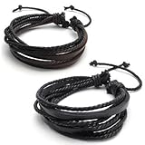 KONOV 2pcs Mens Leather Rope Brown & Black Surfer Wrap Bracelets