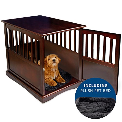 image for Pet Crate Kennel and End Table with Lockable Door and Black Faux Fur M