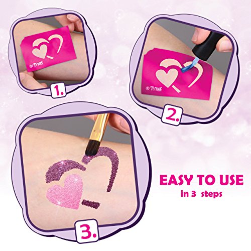 Tytoo Glitzertattoo Set für Mädchen mit 15 Schablonen- Seine Anwendung ist auch für Kinder mit empfindlicher Haut sicher und hält bis zu 18 Tage - 100% Geld-zurück-Garantie, Rosa – Bild 5
