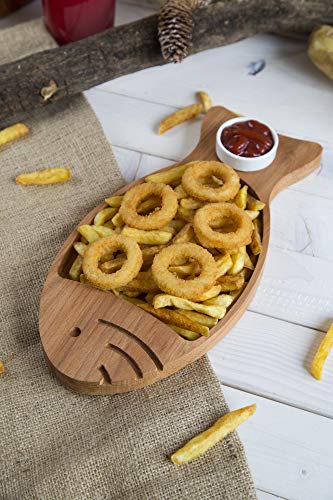The Mammoth Design Chips and Dip Serving Platter | Serveware with Porcelain Sauce Bowl | Organic Wooden Snack, Appetizer Tray, Dish | Decorative Home, Kitchen Accessory | for Kids, Adults (Fish)