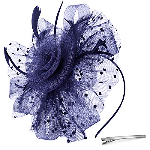 Jack & Rose Fascinator Hat Flower Feather Net Mesh Kentucky Derby Tea Party Headwear with Hair Clip and Hairband for Women or Girls Navy Blue
