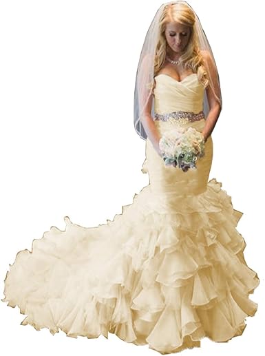 Momabridal Womens Long Mermaid Organza Wedding Dresses Cascading Layers Ruched Bridal Ball Gowns With Train At Amazon Women S Clothing Store
