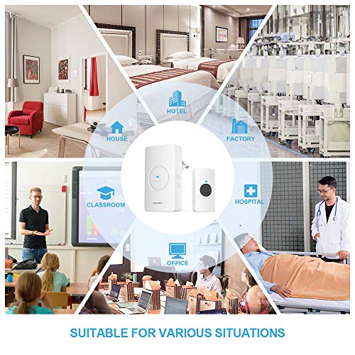 TECKNET Sonnette sans Fil, IP44 Sonnette sans Fil Exterieur Etanche à 300 Mètres de Portée, Sonnette de Porte Kit de Carillon avec LED Flash et 38 Sonneries 4 Niveau Volumes pour Entrepôt,etc