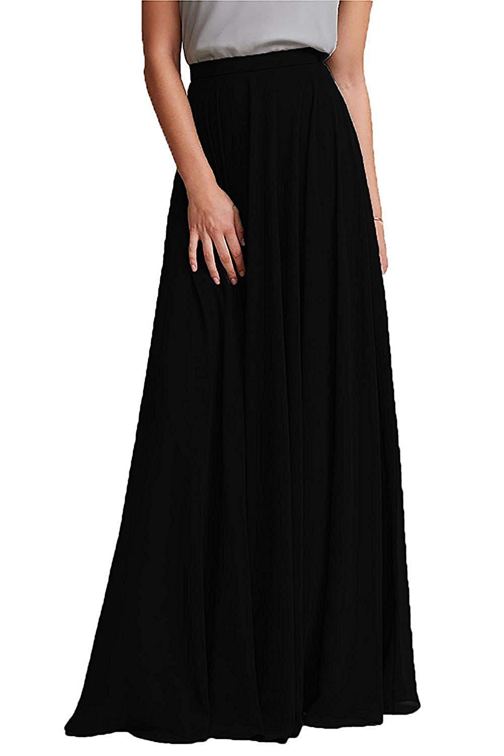Photo 1 of AiberLisha Long Maxi Floor Lengh Chiffon Skirt Elastic High Waist Bridesmaid Skirt Black S-M