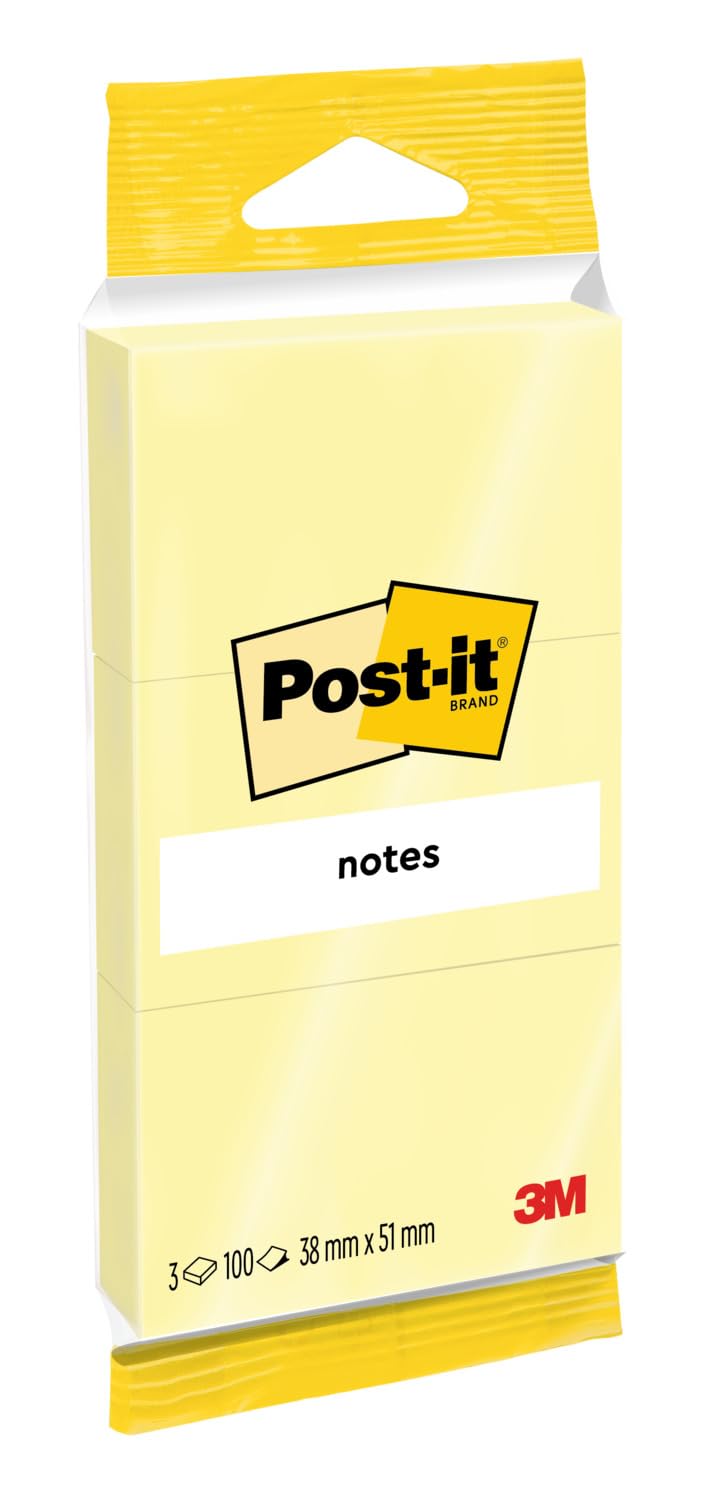 Post-it Notes, Canary Yellow, Hangable Flow Packs, 3 Pads, 38 mm x 51 mm, 100 Sheets Per Pad, - Extra Sticky Notes for Walls, Monitors and Fridge