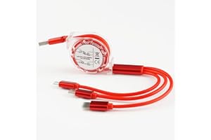 3 in 1 Retractable USB Charging Cable– Compact 1M Red PVC Charger Cable, Compatible with iPhone, USB-C & Micro USB Devices