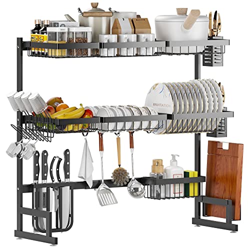PUSDON Over Sink Dish Drying Rack (34"45") 3 Tier, 2 Cutlery Holders Adjustable Dish Drainer