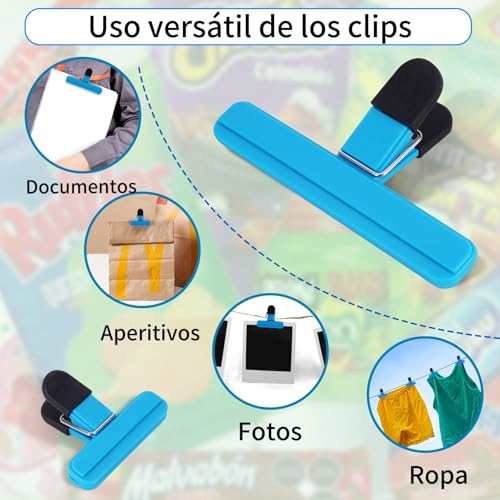 12 Pieces Clips para Bolsas de Alimentos, Pinzas para Cerrar Bolsas de Cocina Duradero, inclye 6 Clips para Comida grande de 15.5cm y 6 pequeña de 7,5 cm, Broches para Bolsas de Cocina Multicolor