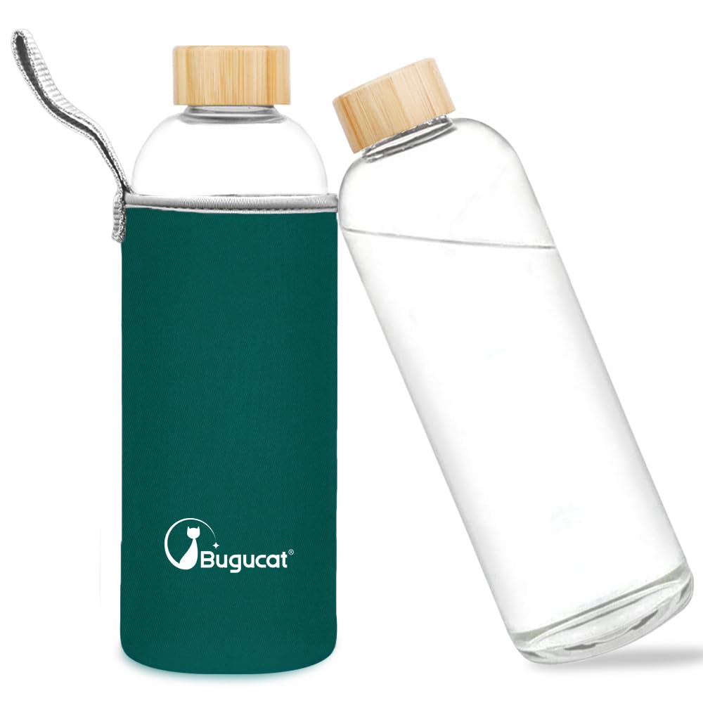 Bugucat Borosilicate Glass Water Bottle 1000ML, Reusable with Protective Sleeves and Leak-Proof Lid, 1 Litre Glass Drinking Bottle for Hot & Cold Drinks, Dark Green — image 1