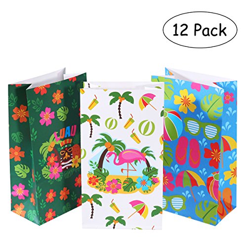 LUOEM Luau Hawaiian Treat Bags Hibiscus Gift Bags Treat Bags Candy Bags Paper Treat Sacks for Birthday Wedding Party Supplies 12PCS