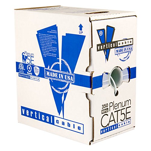 Vertical Cable CAT5E, 350 MHz, UTP, 24AWG, 8C Solid Bare Copper, Plenum, 1000ft, White, Bulk Ethernet Cable - Made in USA