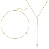Zeffy Lariat Gold Necklace for Women, Dainty Long Necklace 14k Gold/Silver Plated Layered CZ Beaded Bar Chain Y-Shaped Body Chain Stack Drop Wedding Necklace Trendy Simple Gold Jewelry Gifts