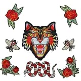 Est Mundum Motorcycle Patches Designer Snake | Bee | Tiger | Rose | Multi-Pack Kit | Embroidered Iron On Patch for Jackets and Backpacks | (Parent) (Neon Tiger Combo)