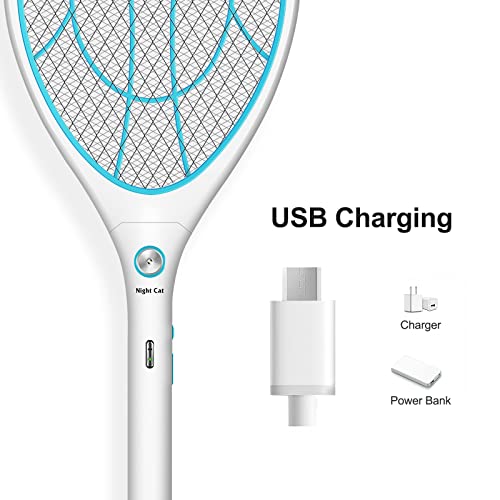 Night Cat Fly Zapper Electric Fly Killer Swatter 3000V Mosquito Bug Wasp Insect Fruit Zapper Swat Bat Racket Trap Indoor USB Rechargeable