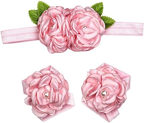 RQJ Baby Girls Flower Barefoot Sandals and Floral Headbands Headpiece Hairband Set for Newborn Toddler,Pink