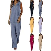 Linen Sets For Women 2 Piece Casual Button Sleeveless Tops with Wide Leg Pants Blouses Summer Vacation Travel Outfit 2026