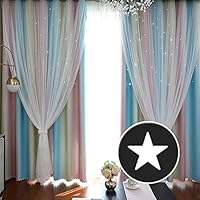 ARTBECK Kids Star Blackout Curtains Rainbow Gradient Stripe Hollow-Out Stars Curtains Tulle Double Layer Window Blackout Drapes for Kid