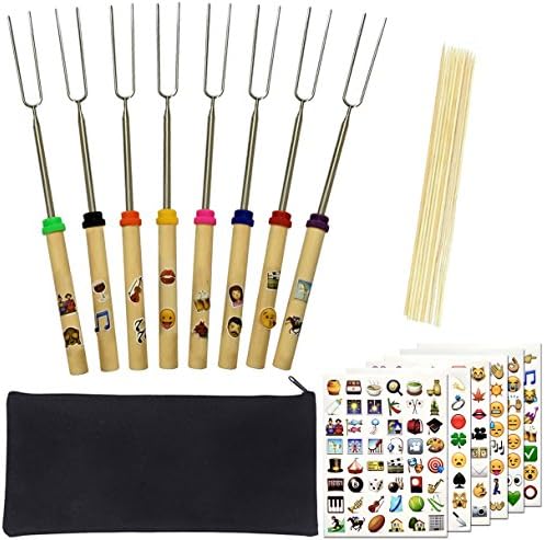 Besokuse Barbecue Skewers Marshmallow Roasting Sticks Wooden Handle extending Meat Hot Dog Fork BBQ Camping Cookware Campfire Grill Cooking Camping Picnic