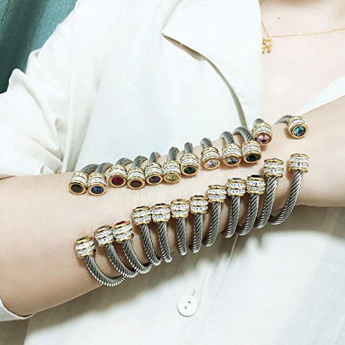 Winhime Birthstone Cable Bangle Bracelets for Women, Stainless Steel Twisted Cable Wire Bracelet for Teen Girls Designer Inspired Cuff Bracelet in Two Tone Silver Gold (Aug-Peridot)