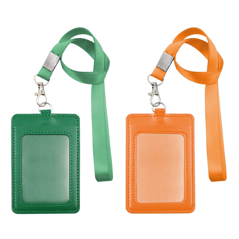 Haohai 2 Pack Badge Holder for Offices ID, PU Leather Name Tag Badge Holder, Work Card Holder with Card Slot Lanyard (Dark Green, Orange) (C-01)