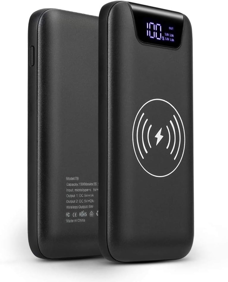 TOPVORK Wireless Charger Power Bank, 10000mAh Portable Charger Qi Wireless Charging External Battery Pack with LED Screen for iPhone X/8/8 Plus/7, Samsung Galaxy S8 S9 Note 8 and more Black