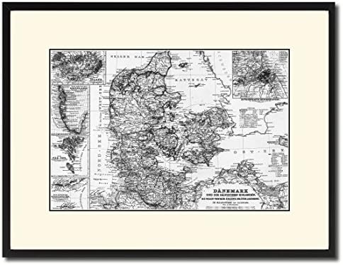 Denmark Greenland Iceland Old B&amp;W Map 47015 Print on Canvas with Picture Frame Urban Home Wall Interior Bedroom Gift Ideas - Black 16" x 21"