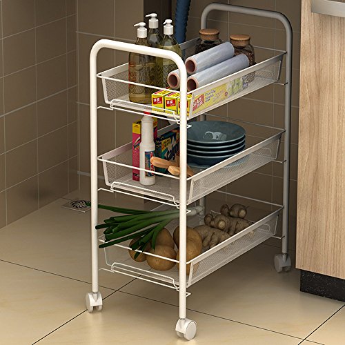 Rolling Cart 3-Tier Storage Cart Utility Cart Wire Rack Metal Mesh Shelving Trolley, GEYUEYA Home - Thumbnail 2