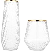 48 Pack Ribbed Origami Ripple Plastic Glasses 24 9oz Stemless Champagne Flutes & 24 12oz Cups BPA-Free, Disposable, Shatterproof Drinkware for Weddings, Bars, Events (Hammered Diamond Gold Rim)