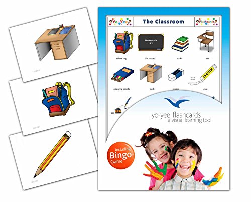 Classroom Flash Cards in English with Matching Bingo Game Cards in One Set - Vocabulary Picture Cards for Toddlers, Kids, Children and Adults - Size 4.13  5.83 in - DIN A6