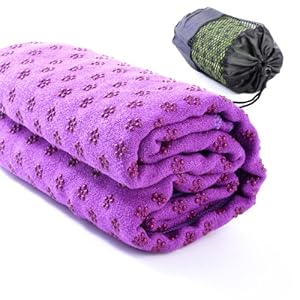 Kamay’s Non-Slip Yoga Towel Mat With Bag Quick Dry Microfiber Extra Long 63 x 180cm/24.8 x 72inch Dot Grip Bikram With Free Nylon Mesh Carry Bag Available in 5 Colors