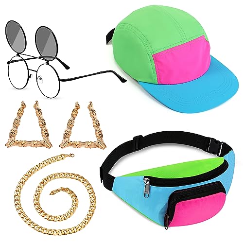 Photo 1 of Cindeer 5 Pcs 80s 90s Accessories for Women Men 90s Womens Outfits Hip Hop Neon Fanny Pack Hat Sunglasses Gold Chain Earrings(Cute Color)