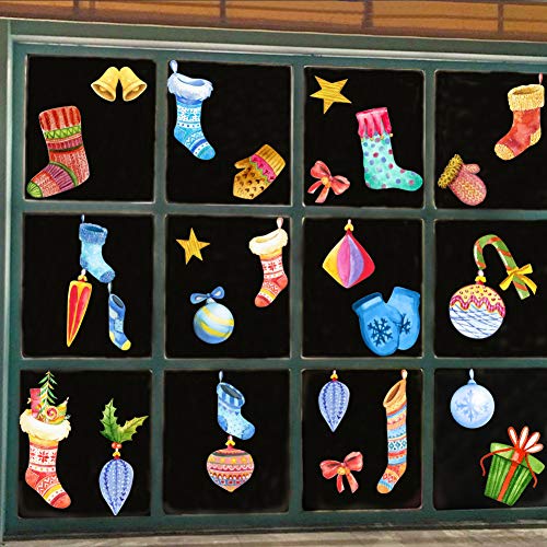IARTTOP Colorful Christmas Supplies Wall Decal, Watercolor Christmas Socks Gloves Window Clings Decorations Bell Sticker for Kids Room Bedroom Decor (31Pcs)