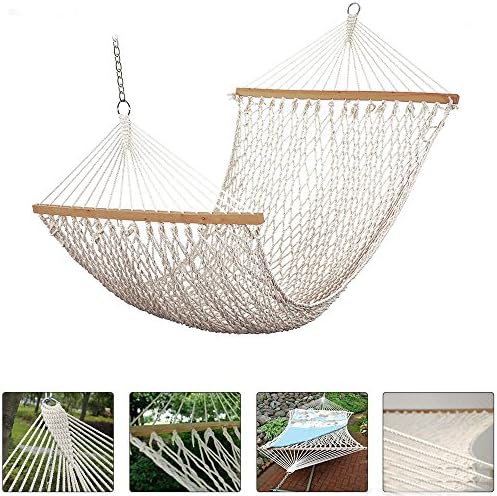 New Double 2 Person Universal Hammock Swing Bed Cotton Solid Wood Spreader Yard Garden Hanging - Great for Outdoors, Patio, Backyard [Beige/White]